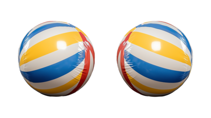Colorful beach balls with stripes and shiny surface on transparent background