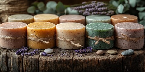 Selection of natural handmade soap bars, aromatherapy. AI generated.