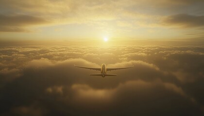 Naklejka premium Airplane Flying Above Golden Clouds at Sunset