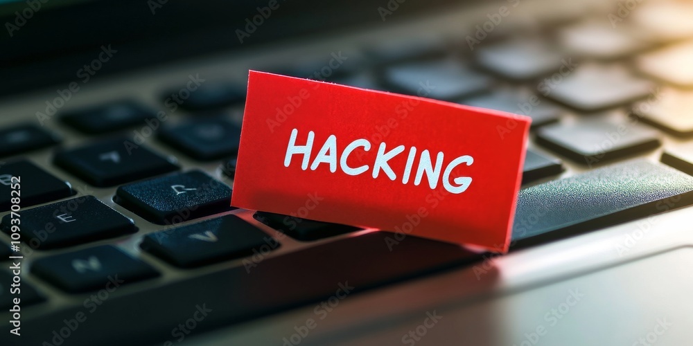 Poster a red sticky note on a keyboard says 