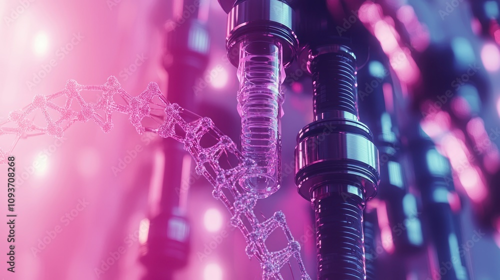 Poster close-up of a metallic structure with a dna strand and pink and blue lights