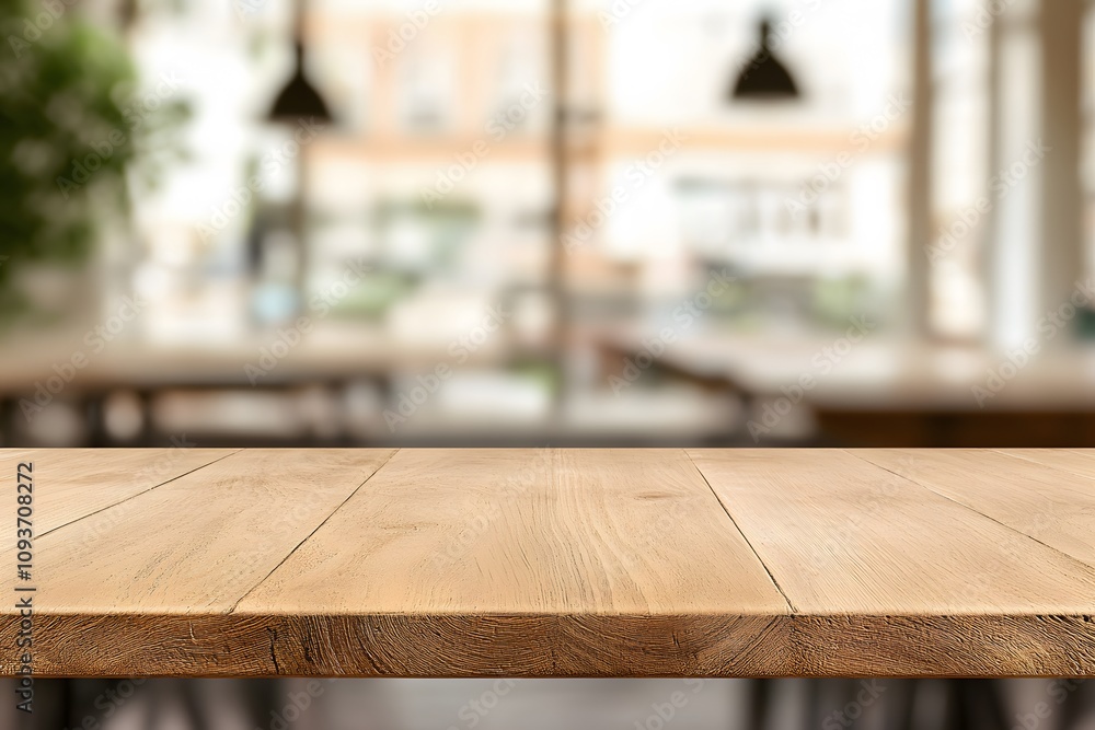 Poster blurred background of a co-working space with a focus on a wooden table, emphasising it’s natural te