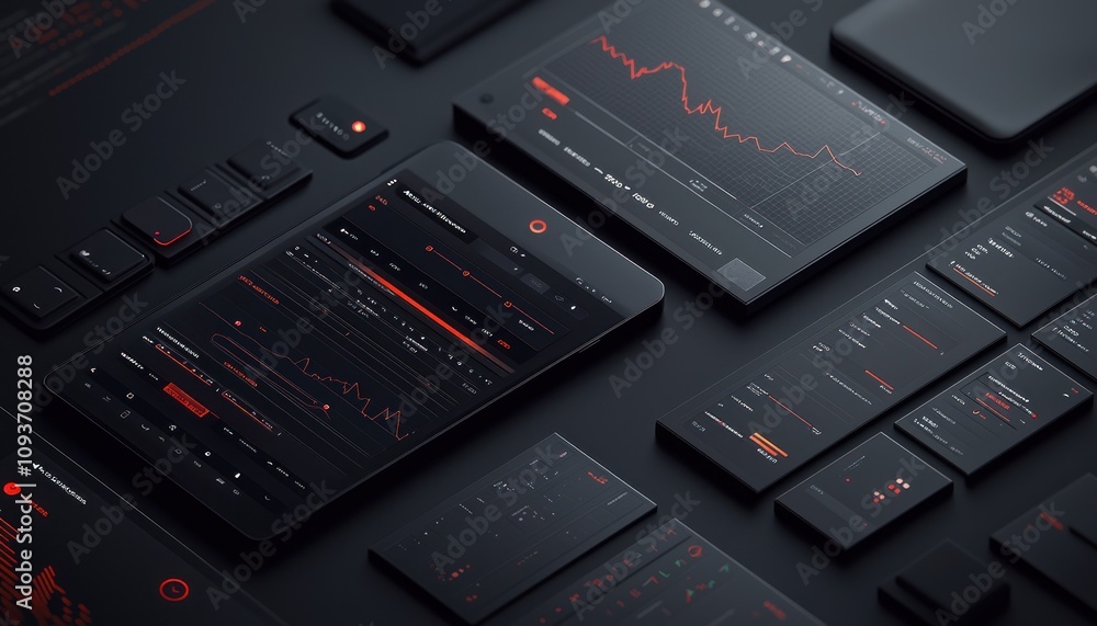 Leinwandbilder Black Interfaces with Red Data and Lines on a Dark Surface