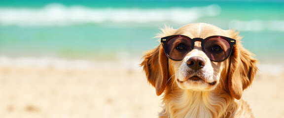 Adorable puppy in sunglasses on sunny beach, summer fun