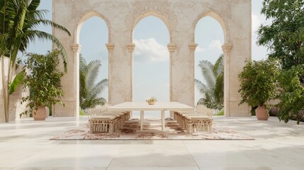 Fototapeta premium Exotic Fusion: Contemporary Tribal Outdoor Dining Oasis | 3D Render Illustration of Alfresco Gathering Space with Vibrant Cushions and Tribal Accents