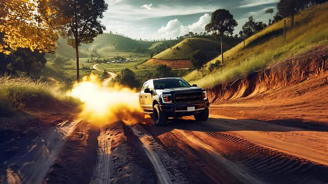Pickup truck on a dusty dirt road