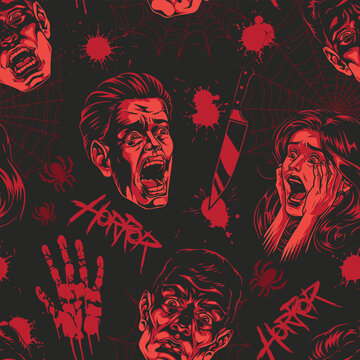 Eerie horror pattern with faces and weapons