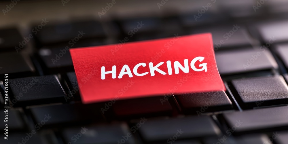 Poster a red sticky note on a keyboard says 