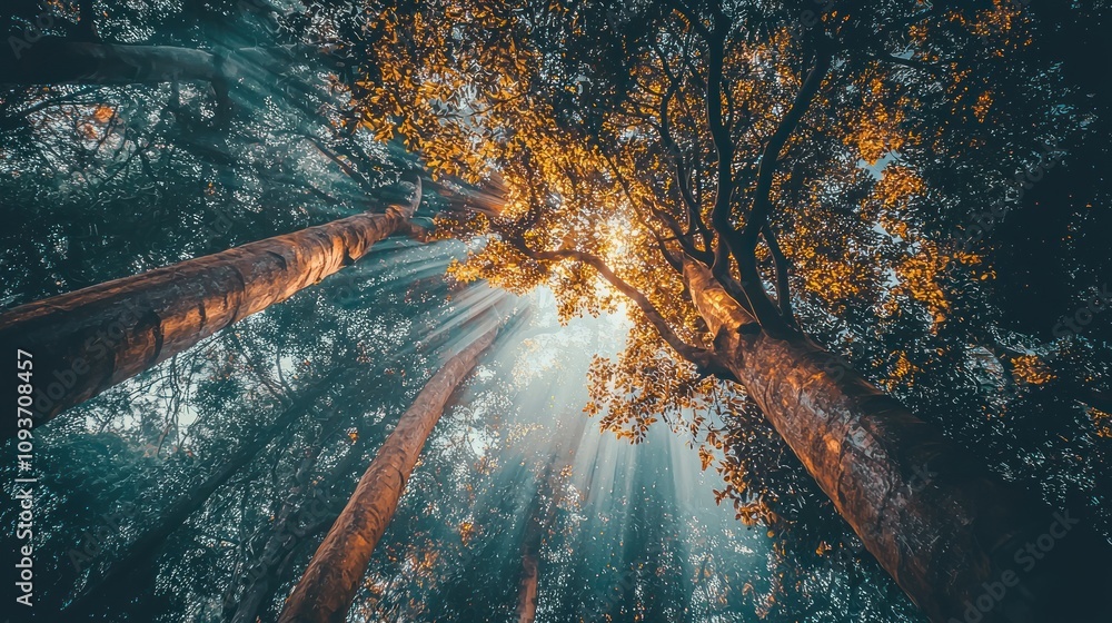 Poster sunbeams through dense forest canopy with fog
