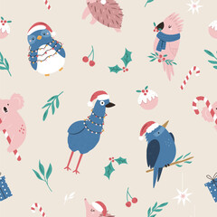 Christmas seamless pattern with adorable Australian animals emu, koala. kookaburra, echidna, penguin. Holiday surface design for gift box, prints, fabric, wrapping paper