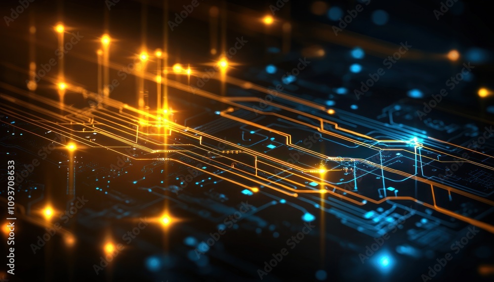 Poster abstract circuit board with glowing orange and blue lines