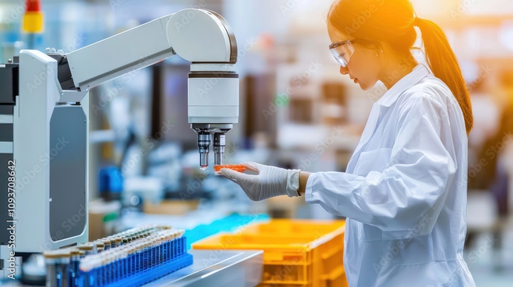 Poster A Woman in a White Lab Coat Operating a Robotic Arm in a Factory Setting