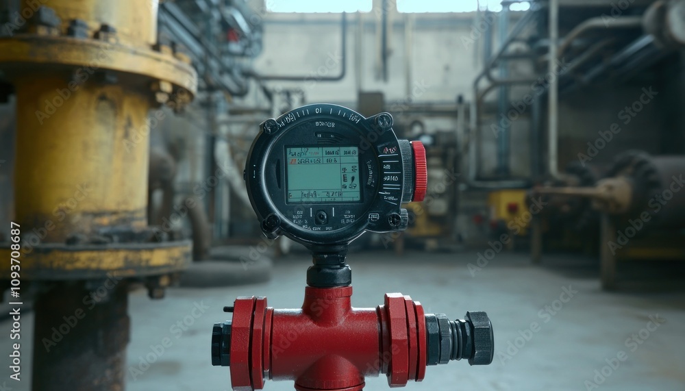 Poster Industrial Digital Flow Meter on a Red Pipe in a Factory Setting
