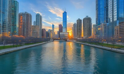 Naklejka premium View of the Chicago River With a Skyline Featuring Tall Buildings and Modern Architecture During a Clear Daytime