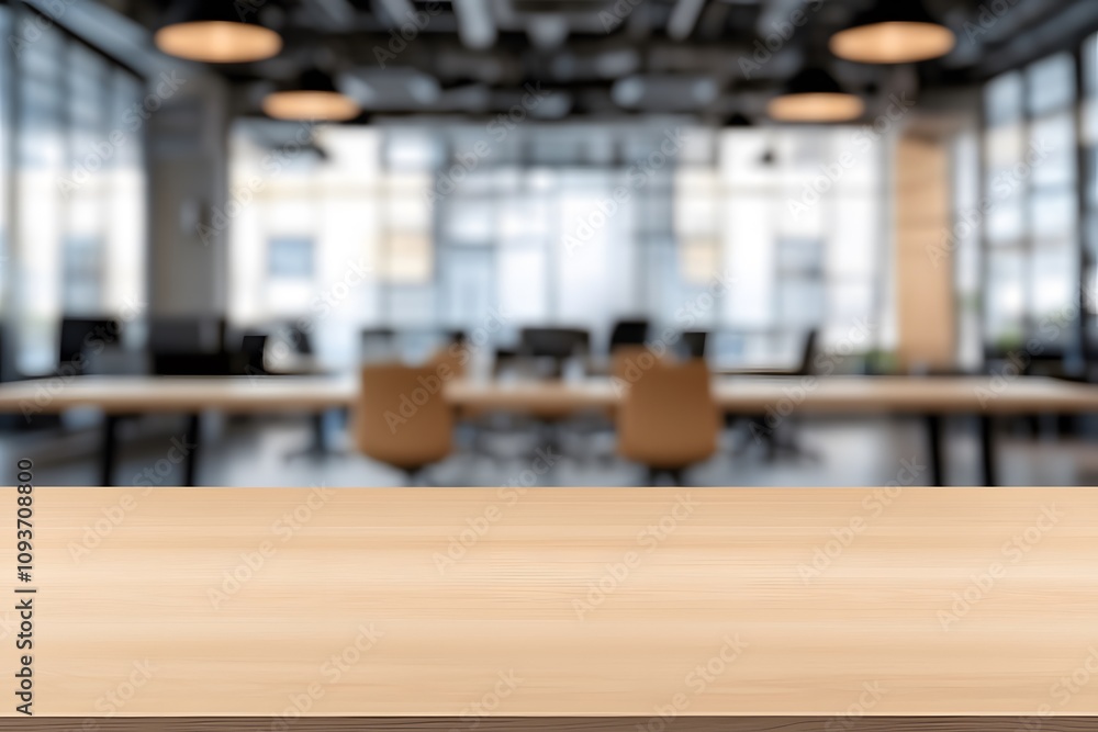 Poster blurred background of a co-working space with a focus on a wooden table, emphasising it’s natural te