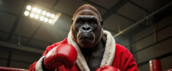 Gorilla in boxing robe and gloves at gym, strength personified