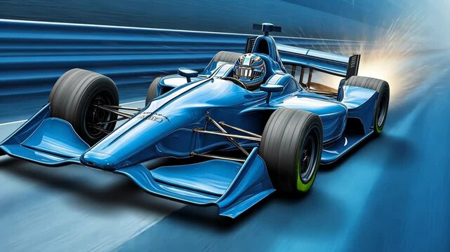 Race car speeds down the track in a blur of blue during an exciting motorsport event