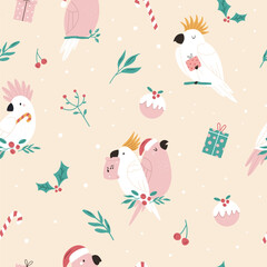 Christmas seamless pattern with adorable Australian cockatoo parrots. Holiday surface design for gift box, prints, fabric, wrapping paper