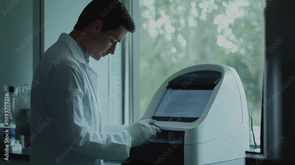 Poster scientist in a lab coat operating a medical machine