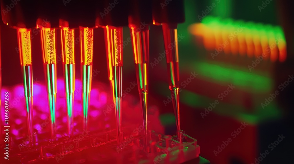 Poster close-up of laboratory pipettes with colorful lighting