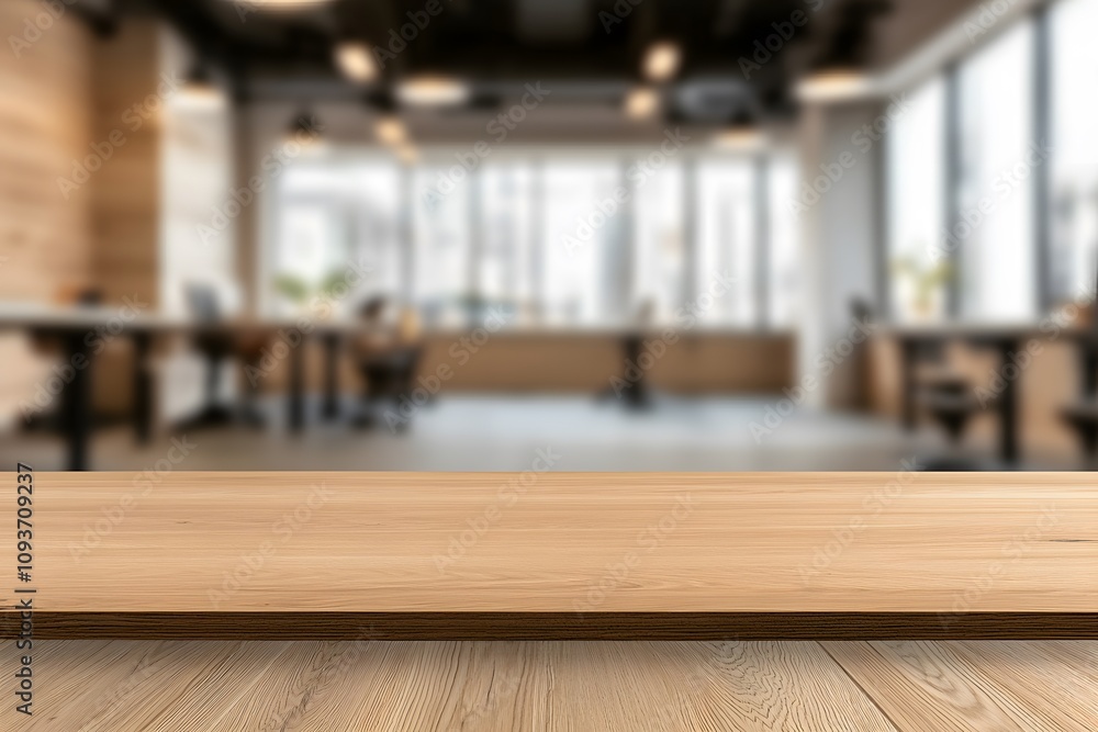Poster blurred background of a co-working space with a focus on a wooden table, emphasising it’s natural te