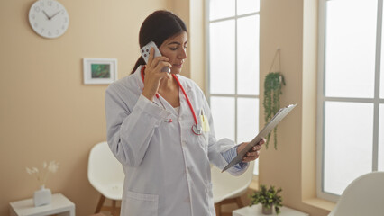 A young hispanic female doctor in a white coat is standing in a clinic lobby, talking on the phone while holding a clipboard, with a waiting room in the background.