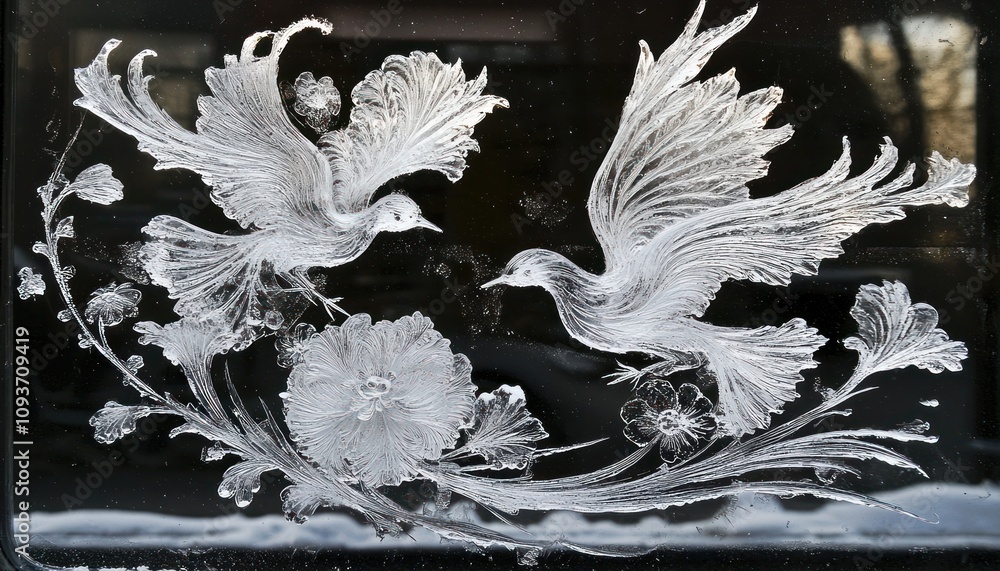 Poster ice formations on a windowpane with two birds and flowers