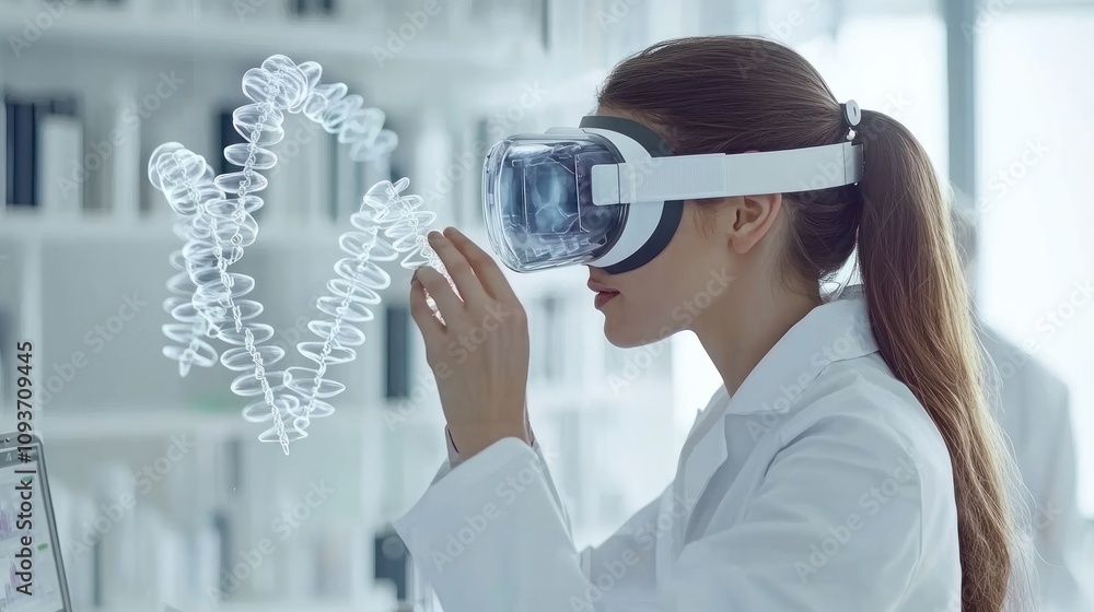 Poster female scientist using virtual reality to examine 3d molecular structure