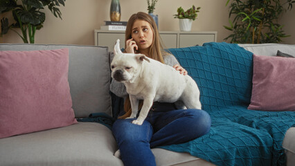 A young blonde woman sits in her living room with a white dog on her lap, talking on the phone in a cozy apartment setting.