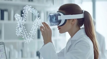 Female Scientist Using Virtual Reality to Examine 3D Molecular Structure