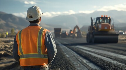 Construction worker overseeing road paving project in a mountainous region
