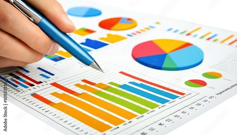 Poster hand holding a blue pen pointing at a bar graph on a business report