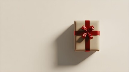 zapakowany prezent, świąteczne opakowanie, brązowy papier kraftowy, czerwona wstążka, minimalistyczny design, elegancka dekoracja, świąteczny nastrój, prezenty na święta, boże narodzenie, gładkie tło,