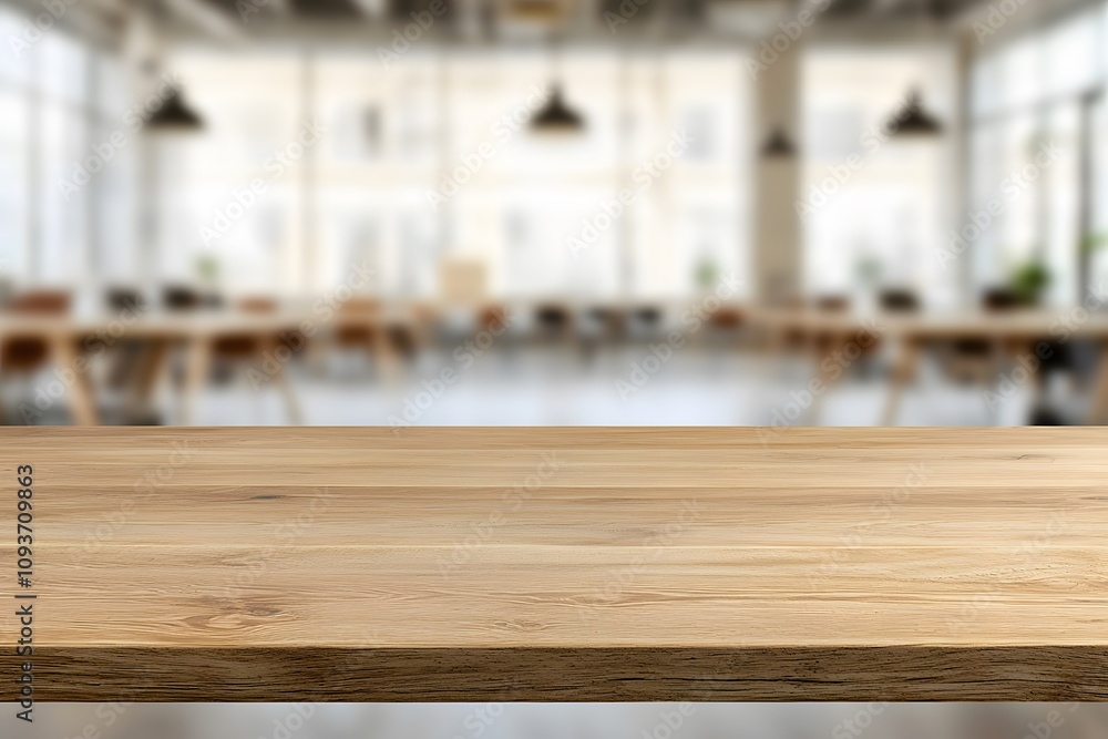 Poster blurred background of a co-working space with a focus on a wooden table, emphasising it’s natural te