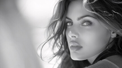 Naklejka premium Retrato artístico de mujer con cabello suelto en blanco y negro