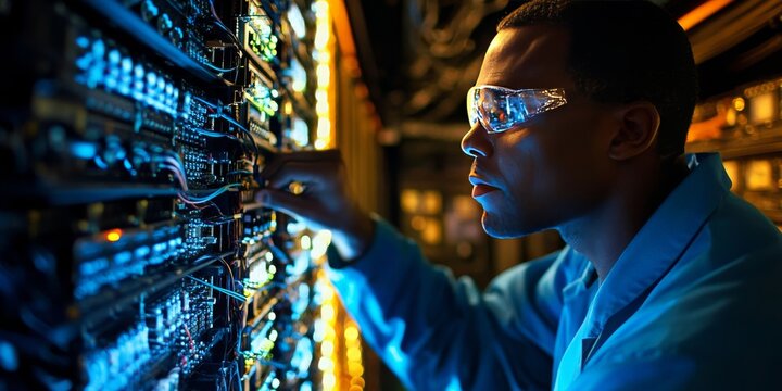 A technician checks a computer's motherboard voltage.  This shows computer repair, upgrades, and technology.