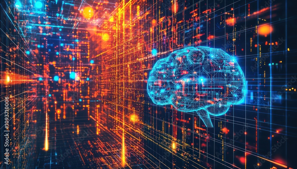 Poster Digital Brain Within a Network of Glowing Lines and Data