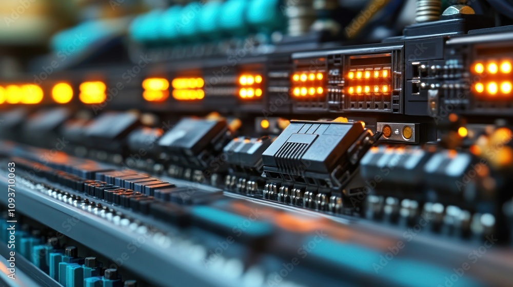 Poster close-up of illuminated server rack components.