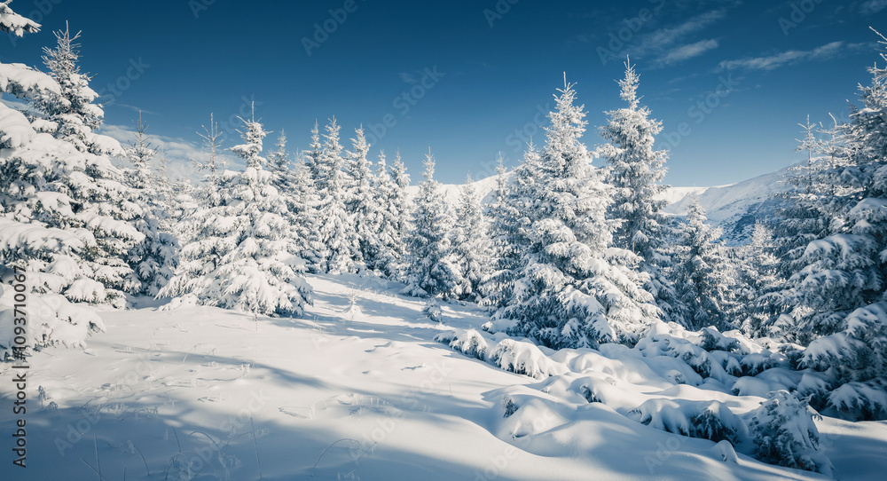 Aufkleber Shiny coniferous trees covered with fluffy snow on a frosty day. Merry Christmas and happy new year greeting postcard.