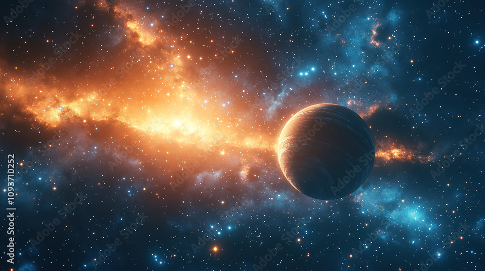 Poster stunning cosmic scene with a vibrant nebula and a distant planet in deep space. generative ai
