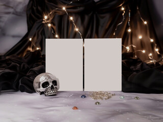Halloween Blank Card Mockup with Cozy Knitted Blanket, Pumpkin, and Festive Lights – Ideal for October Party Invitations