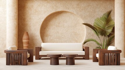 Stylish Modern-Tribal Fusion Interior Design Concept with Contemporary Furniture and Tribal Decor | Ultra-Detailed 3D Render Illustration