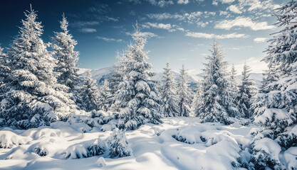 Shiny coniferous trees covered with fluffy snow on a frosty day. Merry Christmas and happy new year greeting postcard.
