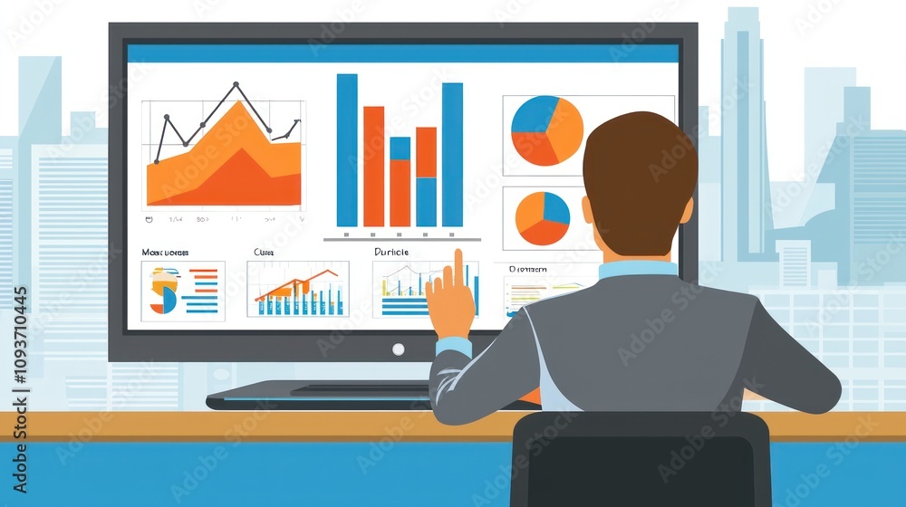Poster Businessman Analyzing Charts and Graphs on a Computer Screen