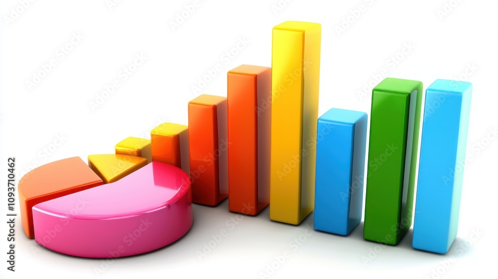 Poster colorful 3d bar graph and pie chart on white background