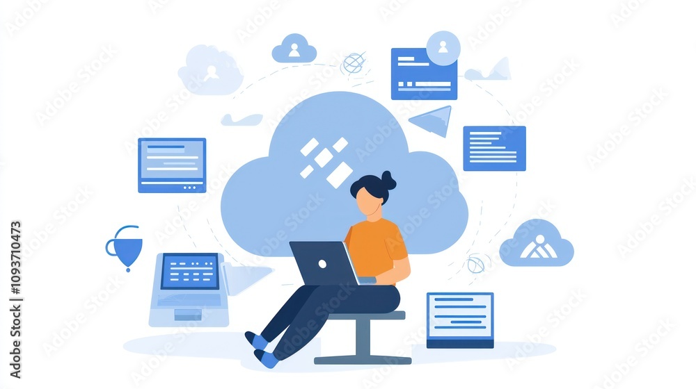 Aufkleber woman using laptop connected to cloud computing system
