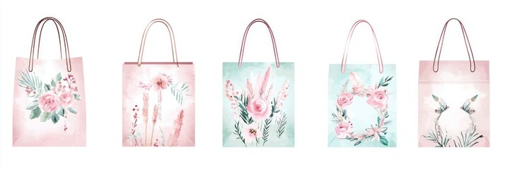 Set of five floral-designed pink and mint tote bags with brown handles