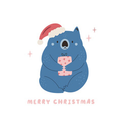 Christmas Greeting Card with Wombat Character Sitting with Presents. Australian Holiday Seasonal Illustration, Design.