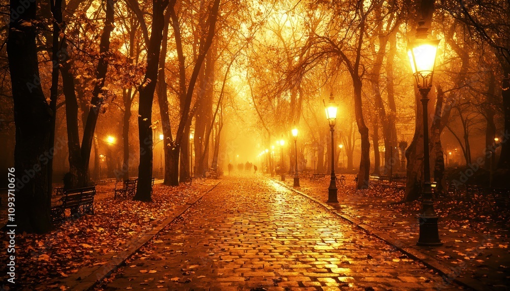 Poster A Cobblestone Path Through a Foggy Autumn Park at Dusk