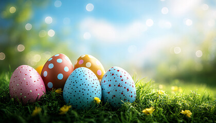 Vibrant Easter eggs in playful arrangements on green grass, perfect for Easter celebrations, greeting cards, and holiday design inspirations.